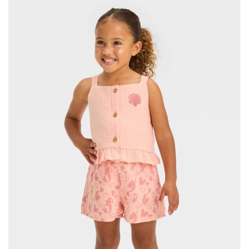 NEW Girls Sz 18 Months Ruffled Top & Pull On Shorts 2 Pc Gauze ARIEL Outfit Set
